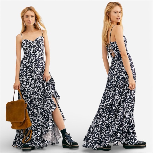 Free People Dresses & Skirts - Free People Under the Moonlight Maxi Dress Navy Blue Floral Maxi Dress Blue 6